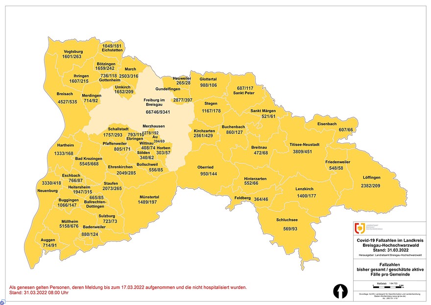 Landkreiskarte, auf der die 50 Kreisgemeinden eingezeichnet und mit den aktuellen Corona-Fallzahlen versehen sind.