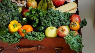 Eim alter Koffer, vollgepackt mit Früchten und Gemüsen