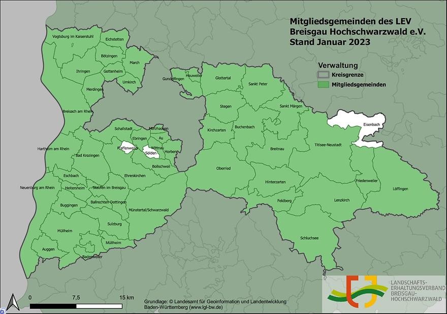 Landkreiskarte Breisgau-Hochschwarzwald, Mitglieder des LEV sind grün makiert