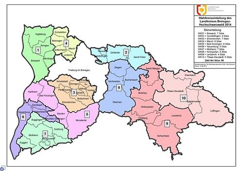 Landkreiskarte Breisgau-Hochschwarzwakd mit allen 50 Gemeinden und Städten