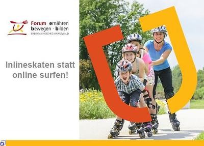 Plakat "Inlineskaten statt online surfen!", Vier Kinder fahren gemeinsam in einer Schlange Inliner 