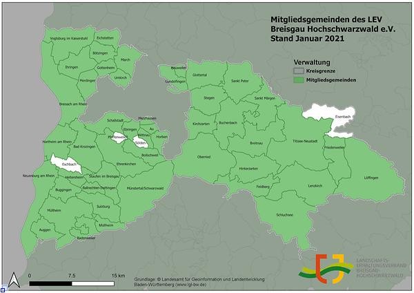 Landkreiskarte Breisgau-Hochschwarzwald, Mitglieder des LEV sind grün makiert