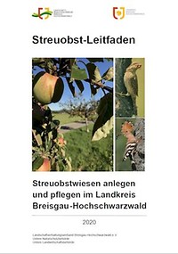 Titelseite des Leitfadens mit Bild einer Wiese mit Apfelbäumen.