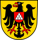  In Gold ein rot bewehrter und rot bezungter schwarzer Adler mit rotem Brustschild, darin ein schwebender silberner Sechsberg.
