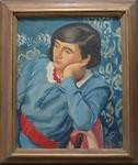 Kunstbild "Portrait der Charlotte Hölzner" von Rudolf Berndt, Frau stützt ihren Kopf auf ihrer Hand ab und schaut zur Seite
