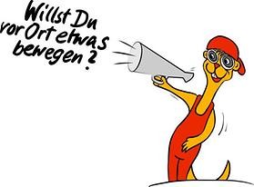 Maskottchen: gezeichnetes Erdmännchen mit Latzhose und Kappe