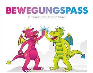 Logo Bewegungspass mit zwei Comic-Drachen, die sich abklatschen.