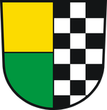 Zweigeteiltes Wappen, rechts Schachbrettmuster, links gelb-grün geteilte Fläche