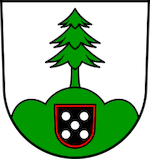 Grüner Dreiberg mit 5 silbernen Scheiben, darauf eine grüne Tanne.